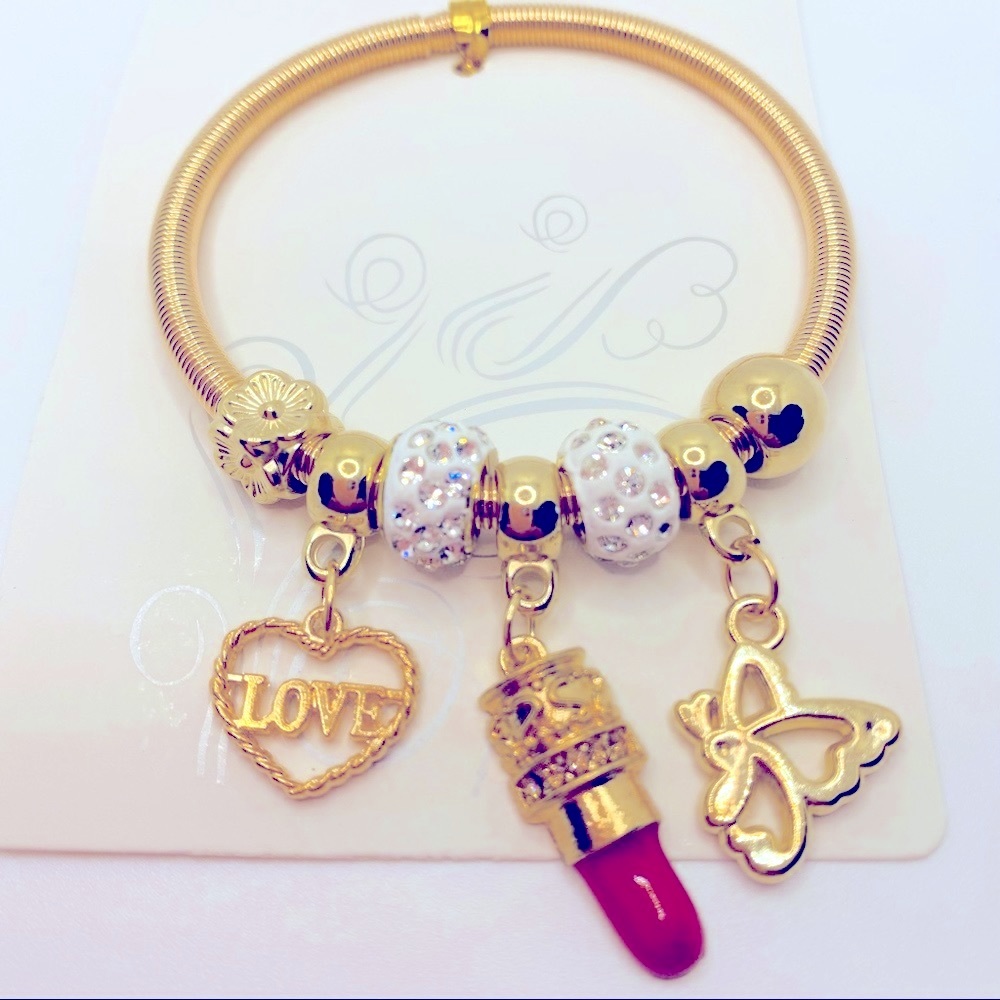 Bracelet Lipstick Hearts Butterfly Crystals Beads Golden Tone.